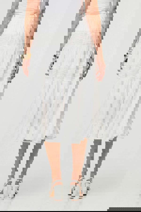 White | High Waist Lace Tiered Midi Skirt