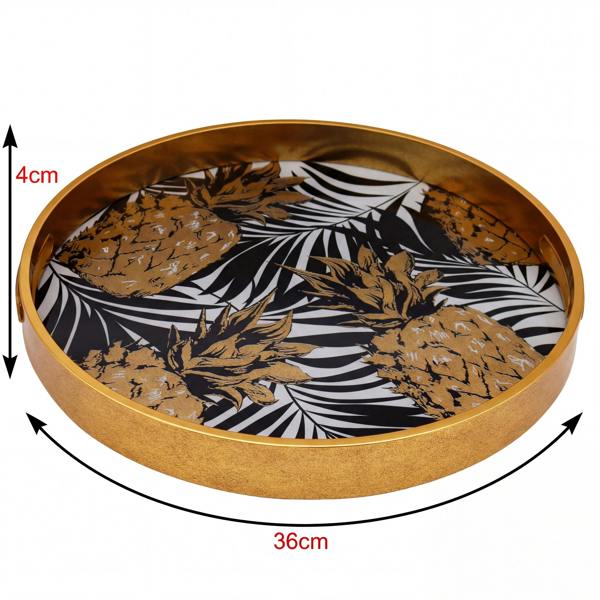 Maison des Cadeaux Round Decorative Gold Tropical Pineapple Serving Candle Drinks Tray