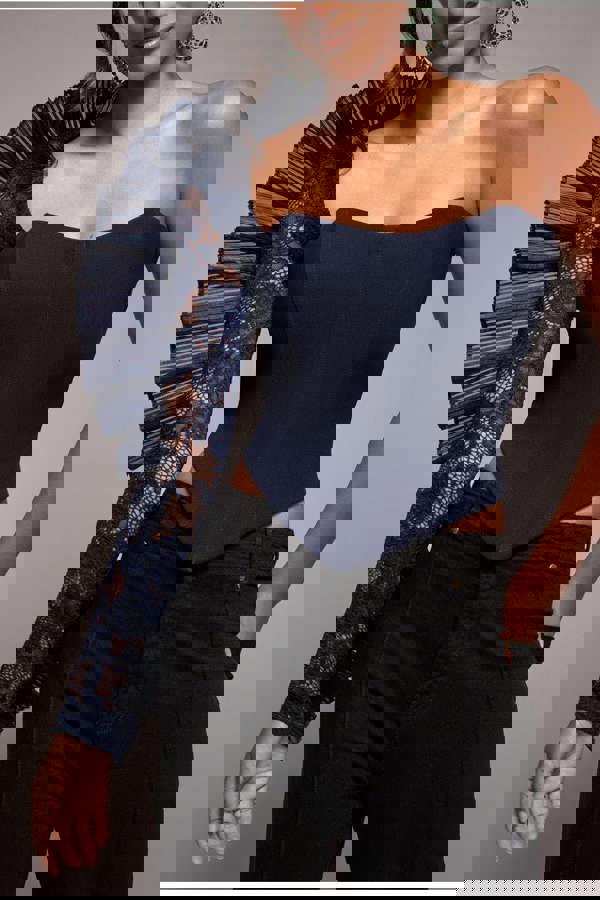 One Shoulder Fan Pleat Frill Corset Top - Navy Blue T232