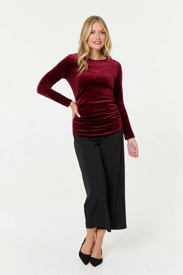 Red | Velour Soft Texture Long Sleeve Slim Top
