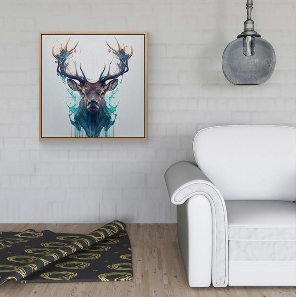 Warren Reed Stag Face Splash Art Framed Canvas