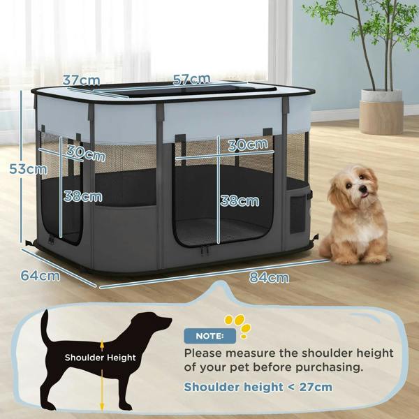 Grey foldable dog playpen with mesh panels and front side openings