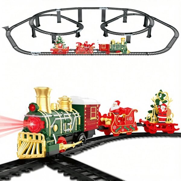 deAO Toys deAO Christmas Train Playset with Track, Music & Lights Festive Electric Locomotive Toy with Santa & Tree Carriages