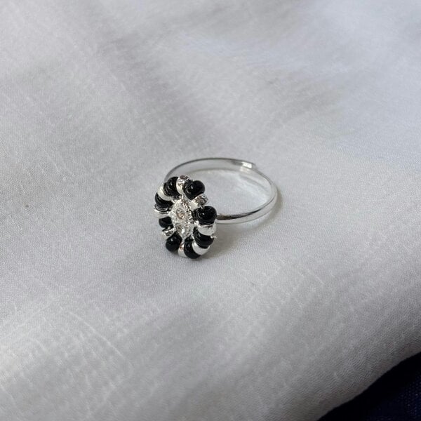 The Colourful Aura Adjustable Silver Black Floral Slim Daisy Dainty Midi Ring