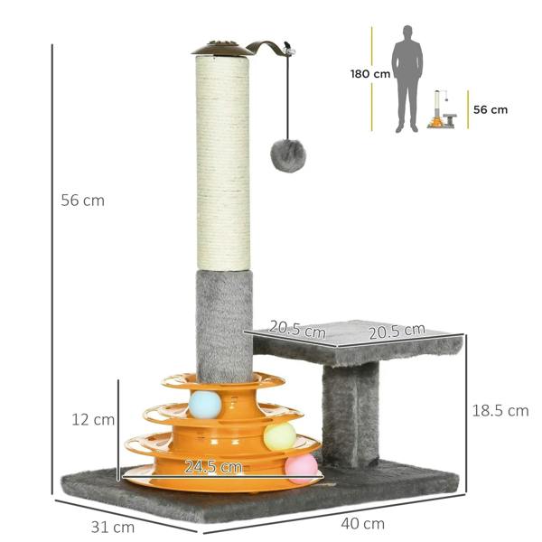 Grey cat tree activity tower with sisal post, cushioned perch platforms, and hanging ball