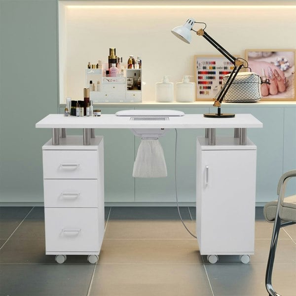 120cm Wide White Professional Manicure Station Nail Table on Wheels with Dust Collector Dressing Tables Living and Home