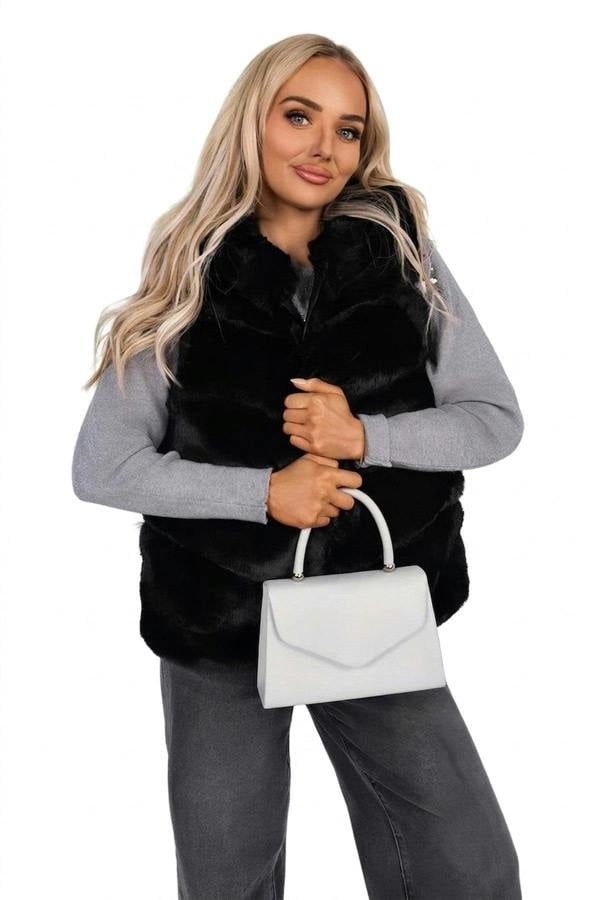 Alessina Hooded Sleeveless Faux Fur Gilet - Black_wb