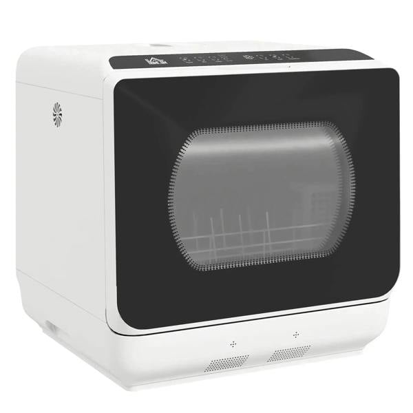 White six-program countertop dishwasher with dark door window and top control panel