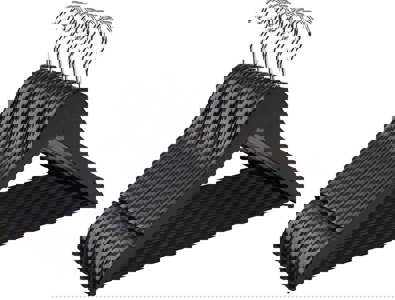 KAV Wooden Hangers with Steel Hook for Coat, Clothes, Trouser, Dress - Non-Slip, Slim, Space-Saving Hanger for Wardrobe Storage Home - 30 Pack (Black)