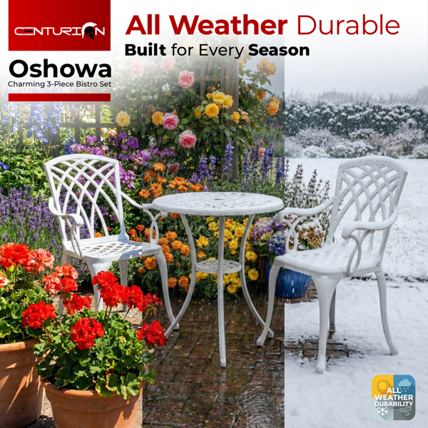 Centurion Supports OSHOWA Luxurious Garden and Patio Table and 2 Large Chairs with Armrests Cast Aluminium Bistro Set - White