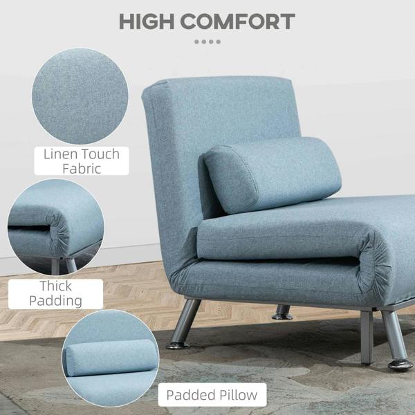 Sky blue convertible sleeper chair with padded pillow and thick upholstery fabric