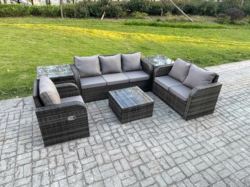 Fimous Rattan Garden Furniture 6 Piece Patio Set With Table Sofa Square Coffee Table Reclining Chair Loveseat sofa 2 Side Tables
