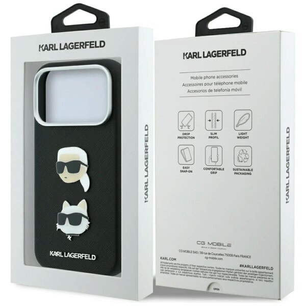 Karl Lagerfeld Saffiano Karl & Choupette Heads Pins Logo Case for iPhone 17/18 Pro Max 6.9" Black - KLHCP18XPSWFDHPK