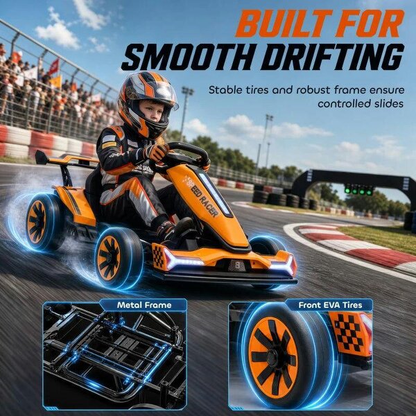 24V Electric Go Kart for Kids 6-12 Years with Drift Mode, Adjustable Seat, 3 Speed, Slow Start, Orange