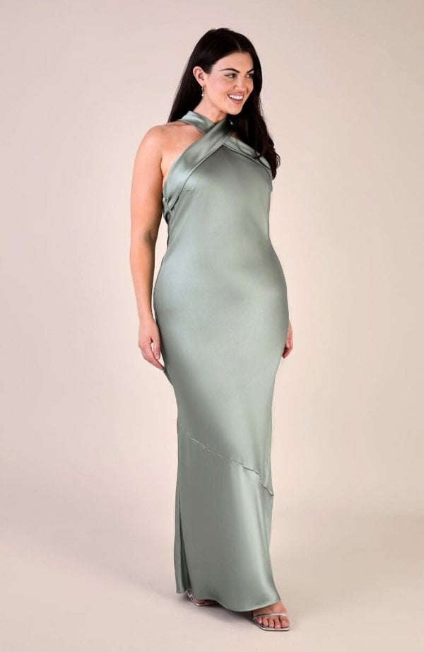 Rewritten London Roma Dress in Sage Green Satin