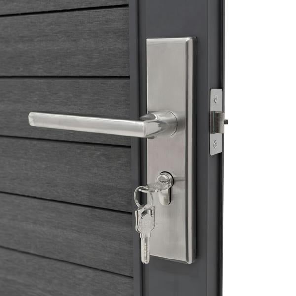Grey composite panel gate featuring a sleek stainless steel handle and lock, showcasing a modern design with horizontal slats