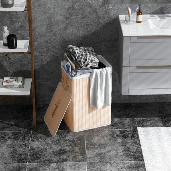 70L Collapsible Bamboo Laundry Hamper Organizer Clothes Washing Basket Bin Storage Box w/ Lid Removable Lining - Bamboo colour