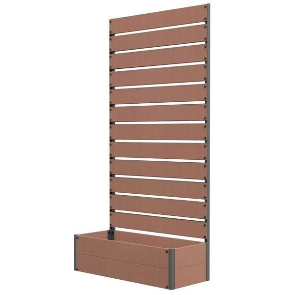 Light brown raised planter box with tall trellis for climbing plants