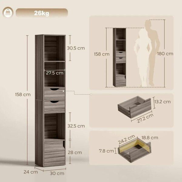 Bookcase with Drawers Adjustable Shelf Bookshelf with 2 Drawers and Cabinet 158 cm Grey