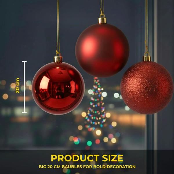 Shatchi 20cm Dark Red Christmas Baubles Set of 3 with Glossy, Matte and Glitter Finishes