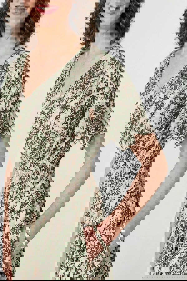 Green | Printed Smocked Short Sleeve Midi Dress
