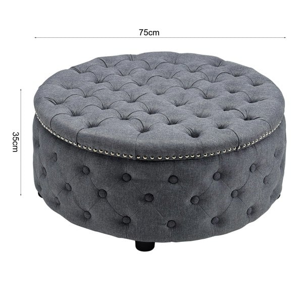 Dia 75cm Linen Tufted Round Cocktail Ottoman with Solid Wood Footstools Living and Home