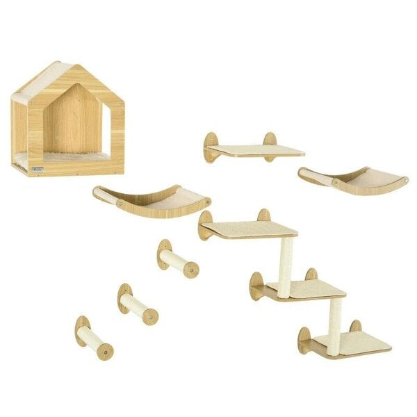 8 Piece Cat Shelves Set, with Cat House, Three Perches, Three Scratching Posts