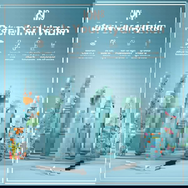 Several water bottles, various sizes and designs, are displayed on a light blue surface; advertising copy highlights material choices, sizing, designs and accessories. ION8.