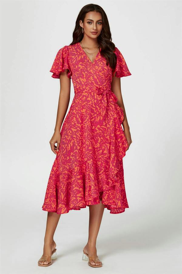 FS Collection Abstract Print Midi Wrap Dress In Fuchsia