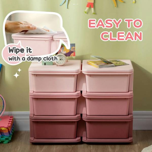Pink six-drawer kids storage unit with wipe-clean bins and rounded front openings