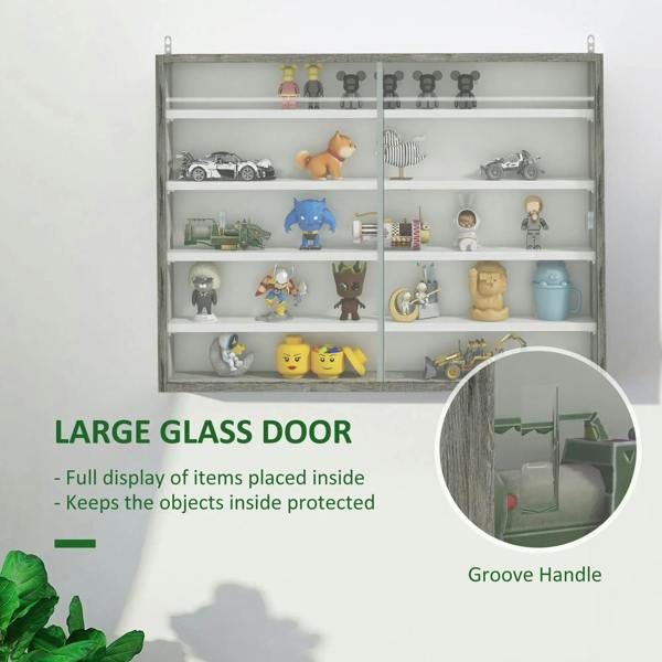 Grey display cabinet with glass doors, groove handle, and multi-shelf interior