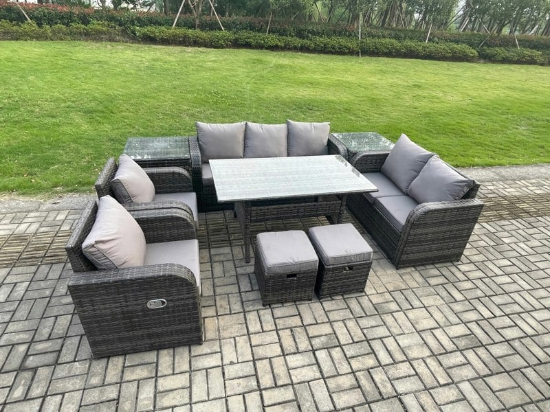 Fimous 9 Seater Garden Rattan Furniture Dining Table Sofa Set Indoor Outdoor with 2 Reclining Chairs 2 Side Tables 2 Small Footstools Dark Grey Mixed