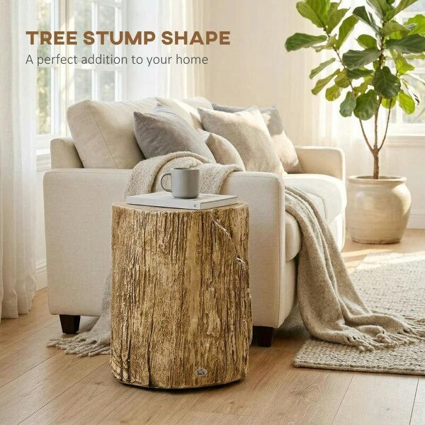 Bobobiy Tree Stump End Table, Round Concrete Side Table for Indoor and Outdoor Use, Natural Wood Effect