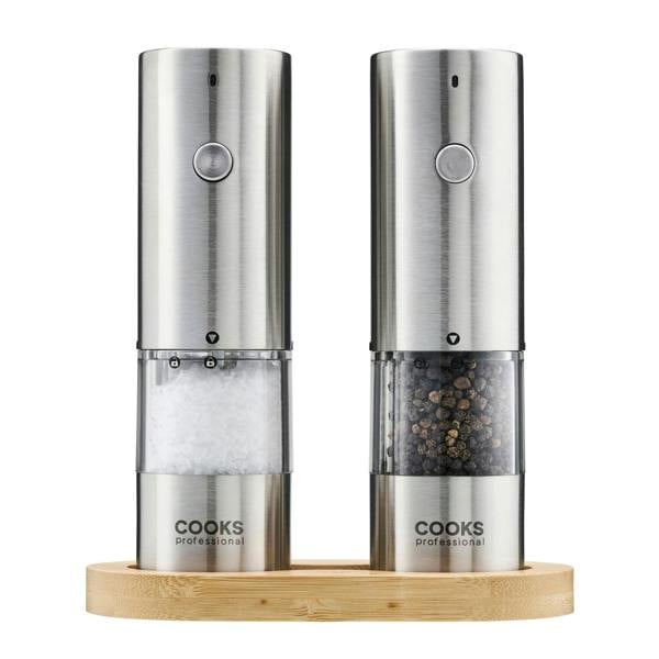 Cooks Professional Rechargeable Salt and Pepper Mill Set with Bamboo Base | Silver