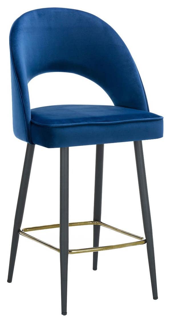 Lamboro Chelsea Velvet Bar Stool, Gold Footrest & Black Legs, Padded Seat – Blue