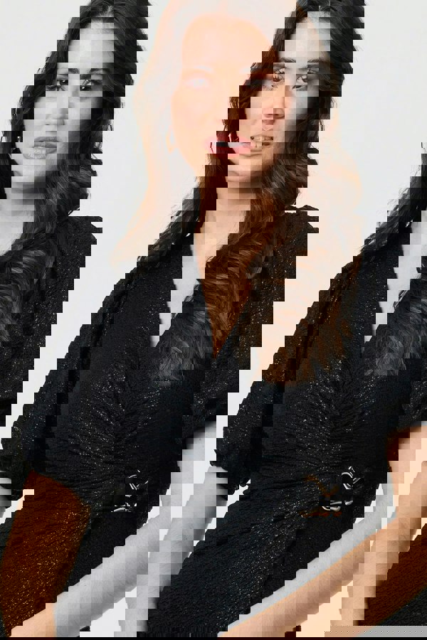 Black | Sparkly Short Sleeve Belted Wrap Dress