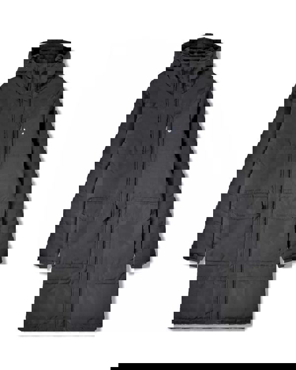 Lambretta Mens Padded Hooded Classic Badge Parka, black long padded winter coat with a hood, multiple pockets, and a front zipper closure.