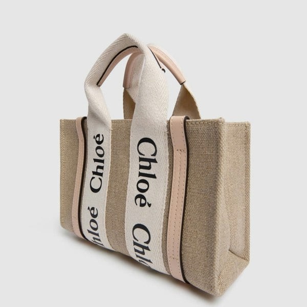 Chloé &nbsp;tote bag in linen canvas &amp; cement pink leather with Chloé logo webbing