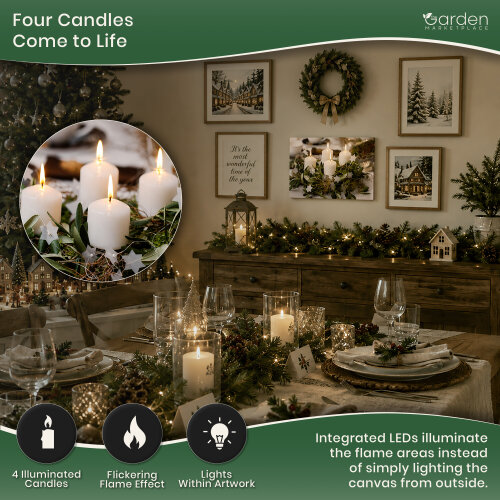 Festive 4 White Candle LED Christmas Canvas Picture Print, Wooden Frame Wall Art with Switch, 40cm x 30cm, Battery Powered Flicker Lights