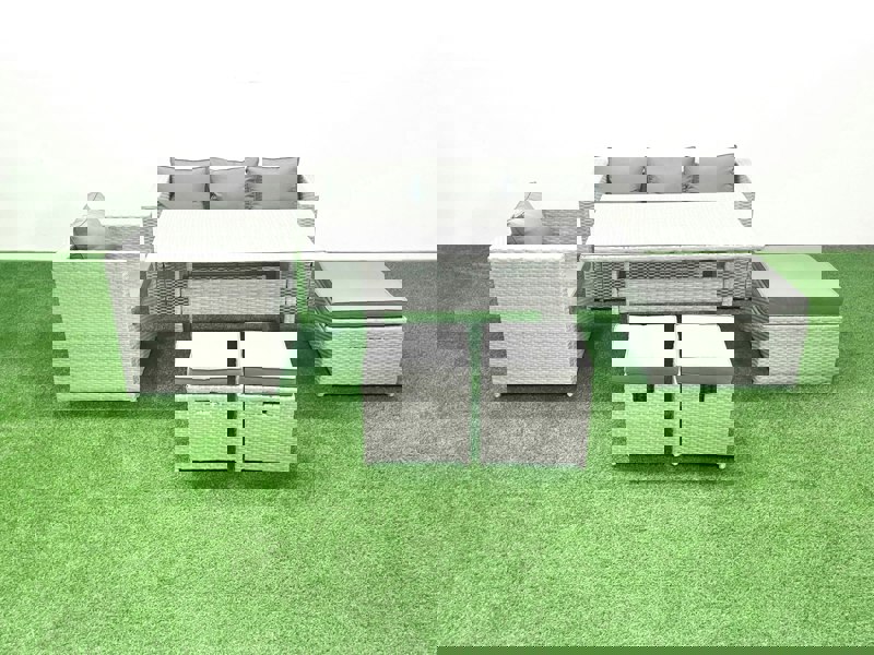 Fimous Garden Dining Set Outdoor Rattan Furniture Set with Sofa Dining Table 3 Footstools Light Grey Mixed