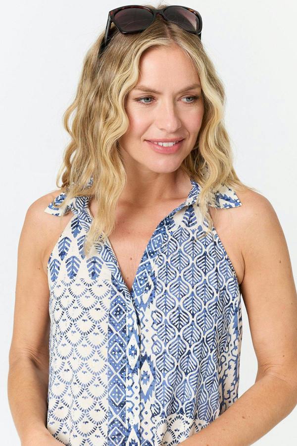 Blue | Printed Sleeveless Shirt Midi Dress