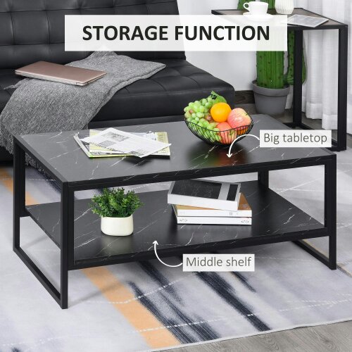 Wyld Haus Minaba Metal And Wood Black 2 Tier Marble Effect Coffee Table With Bottom Shelf