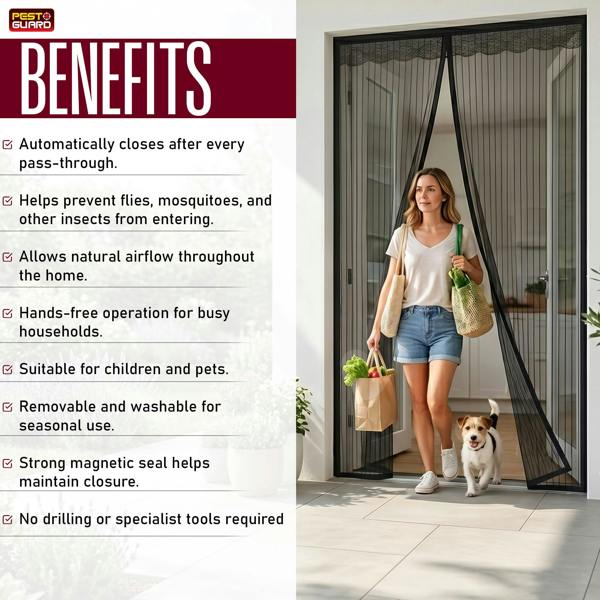 Pest Guard Magnetic Fly Screen Door 210x100cm Fly Net for Door with 18 Magnets, Full Frame Magic Tape, Self-Sealing Bug Mesh Curtain