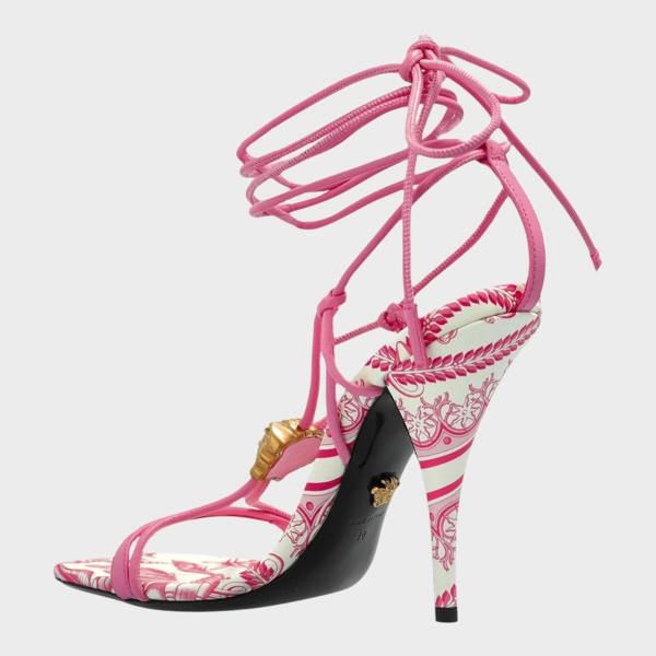 Versace Medusa Barocco Square Toe Heeled Sandals Pink White