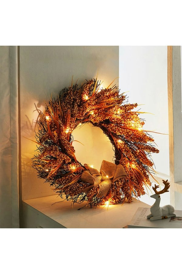 Living and Home Dia 50CM Golden Wheat Ears Thanksgiving Wreath with LED Lights