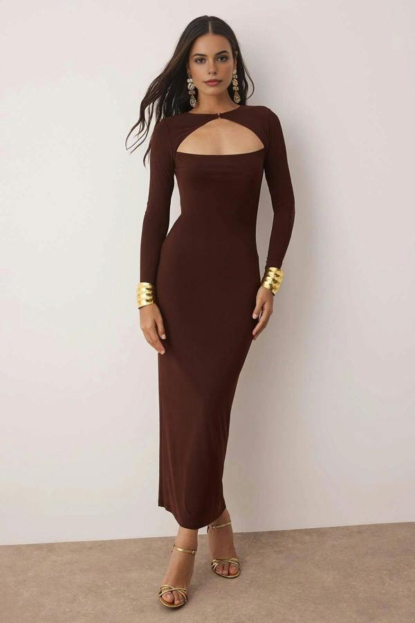 WOVCOR Elegant Knitted Evening Dress with Cut Out Detail