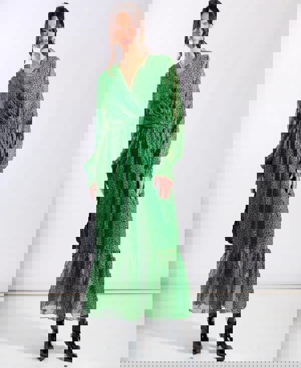 Green Animal Chiffon Maxi Long Sleeve Dress
