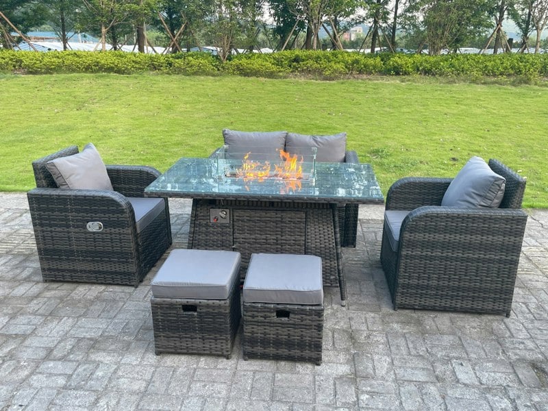 Fimous 6-Seater Rattan Outdoor Gas Fire Pit Lounge Set | Reclining Chairs, 2-Seater Sofa, Footstools | Dark Grey