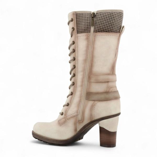 Mustang Women's Cream White Mid-Calf Lace Up Heeled Combat Boots