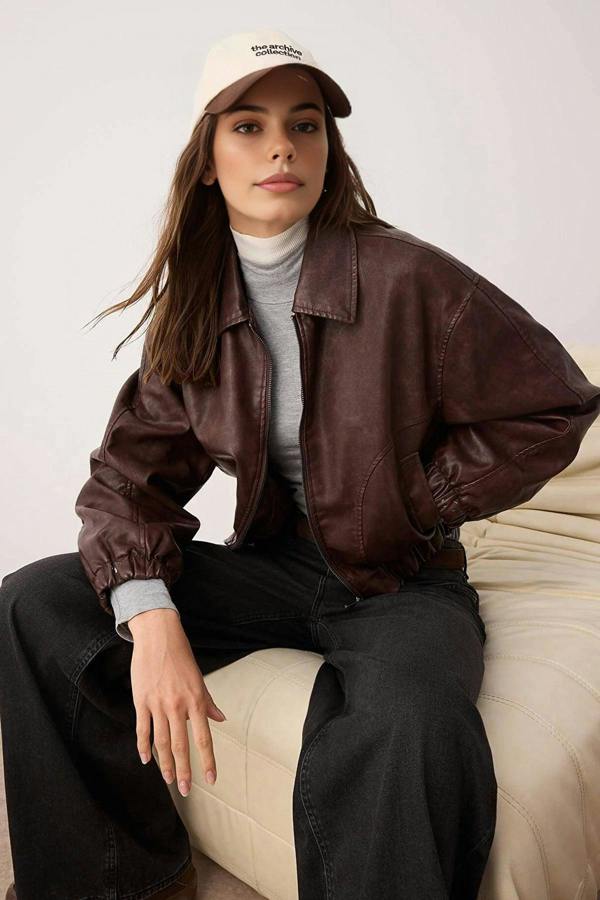 WOVCOR Oversize Fit Faux Leather Quilted Bomber Jacket